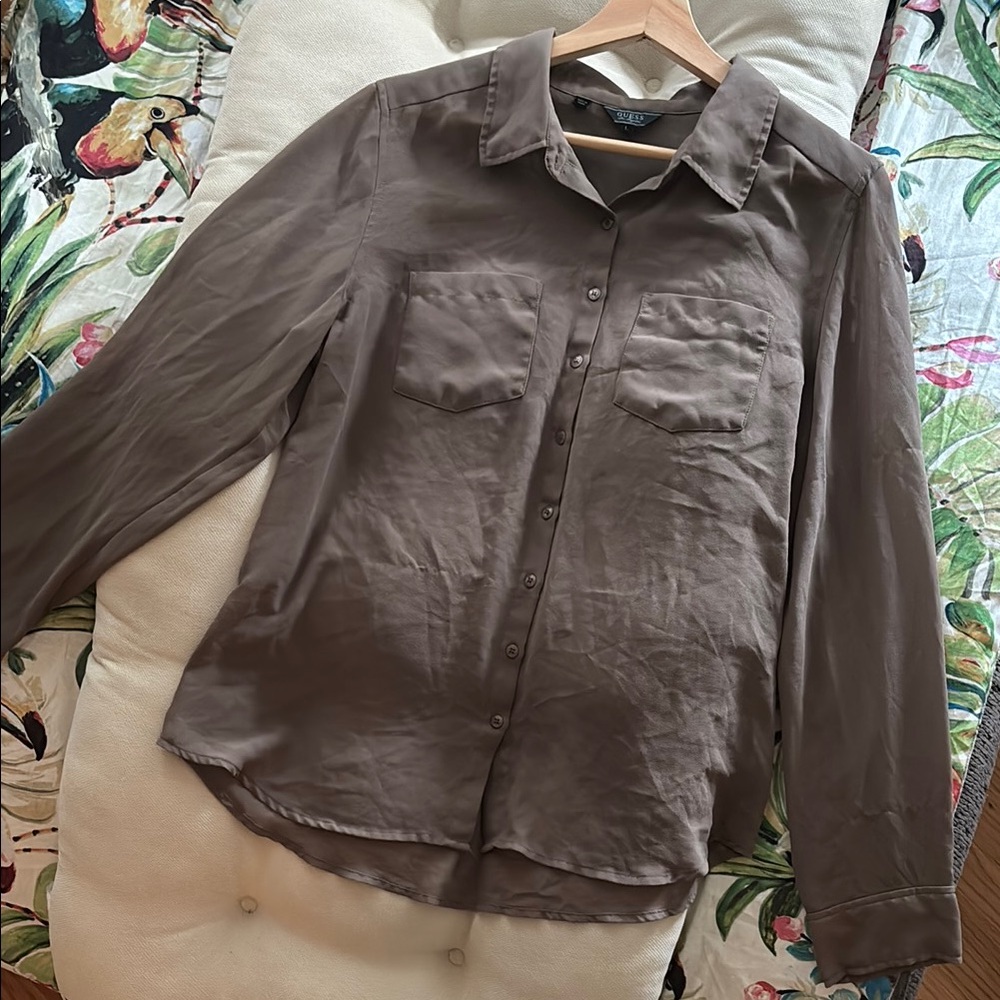 Guess Sheer Brown / Tan Long Sleeve Button Down Shirt with Front Pockets